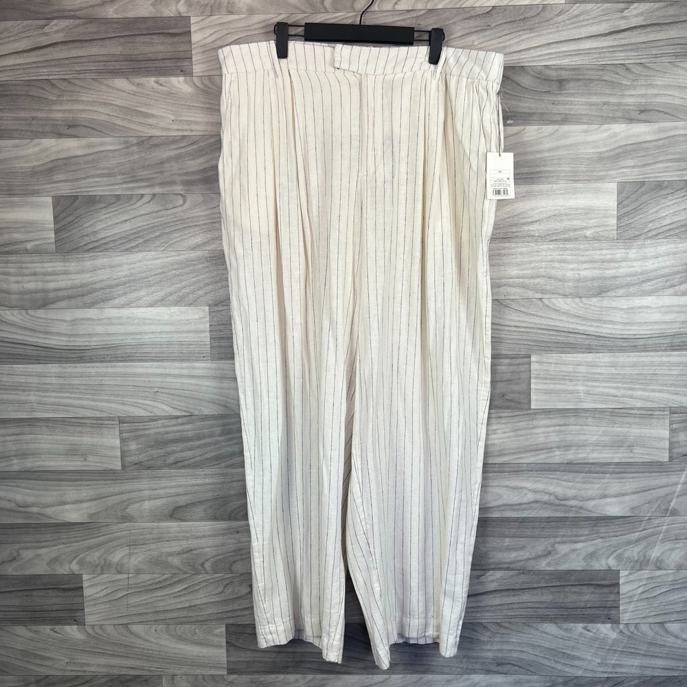 A New Day Dress Pants Women's 17 Cream Linen Pinstripe High-Rise Wide Leg Career